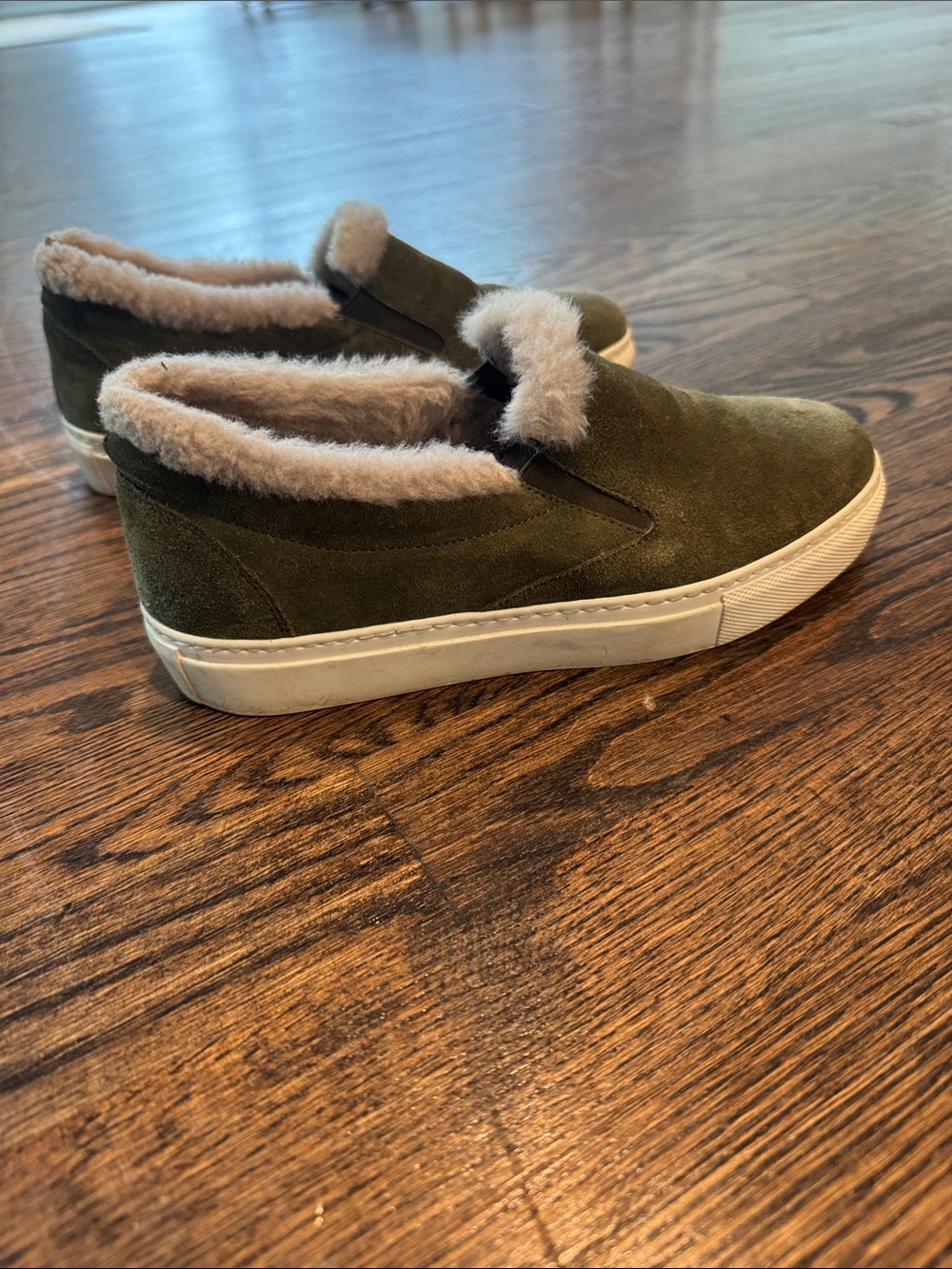 M. Gemi Olive Green Suede Slip-On Sneakers with Shearling Trim